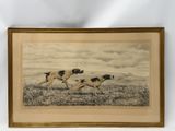 an old picture of two dogs running in a field with a sky background