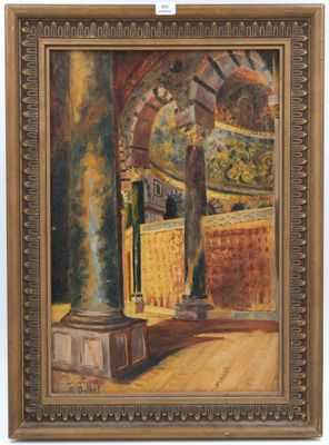 une peinture à l'huile représentant un bâtiment avec des colonnes et des arcades