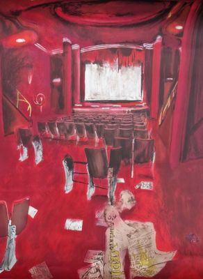 an image of a painting of a room with red walls and a red carpet