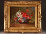 an oil painting of flowers in a vase on a table