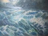 painting of a painting of a large body of water with waves in it