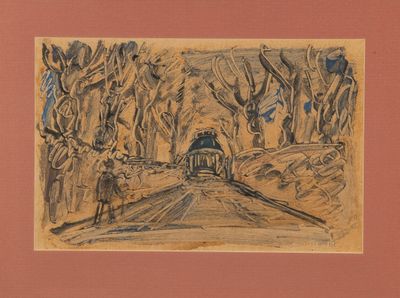 dessin représentant une voiture roulant sur une route avec des arbres en arrière-plan