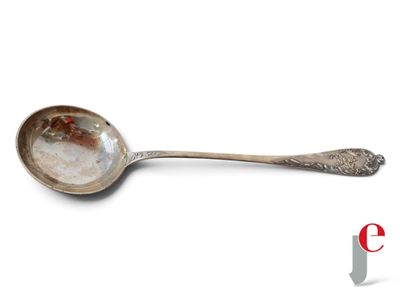une cuillère en argent avec un manche de cuillère sur une surface blanche