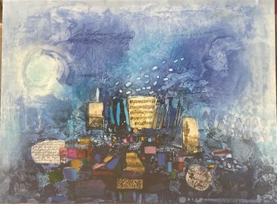 une peinture représentant un paysage urbain avec une pleine lune en arrière-plan