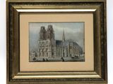 an old painting of a cathedral with a horse drawn carriage in front of it