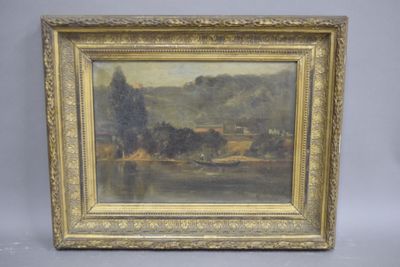 une peinture à l'huile représentant un paysage avec une rivière au premier plan