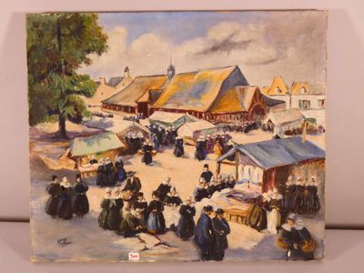 painting of a market scene with people standing around a table
