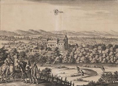 dessin représentant une vue d'une ville avec, au premier plan, une calèche et, au loin, un château