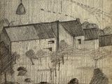 dessin représentant un village avec une église et un clocher au loin