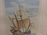 painting of a sailboat in the water with flags flying in the sky