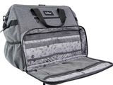a close up of a grey bag with a black handle