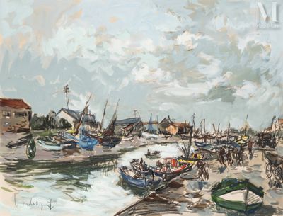 a painting of a harbor scene with boats on the water