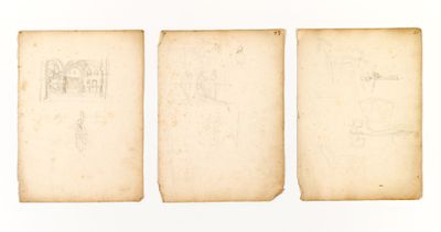 three old books with drawings on them sitting on a white surface