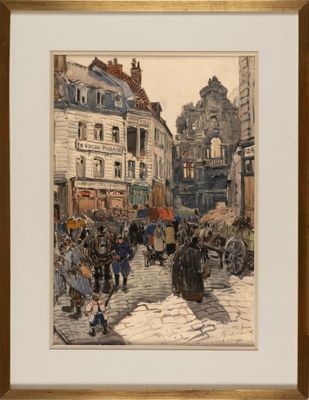 tableau représentant une scène de rue avec une calèche au milieu de la rue
