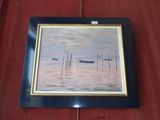a painting of boats floating in the water on a red cloth