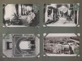 several black and white photos of a room with a clock and pictures on the wall