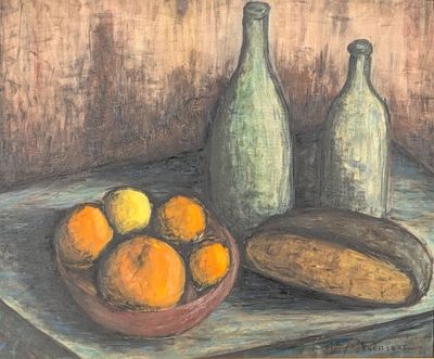 un tableau représentant un bol d'oranges et une bouteille posés sur une table
