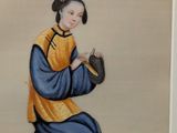 painting of a woman in a yellow and blue dress holding a black pot