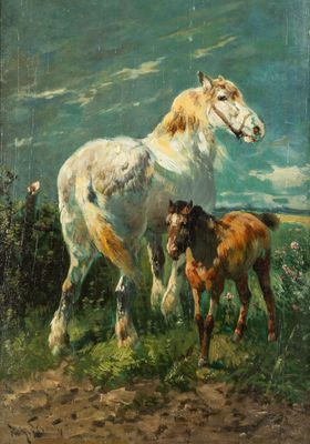 Henry Schouten (1857/64-1927) 'Cheval brabançon et poulain' …