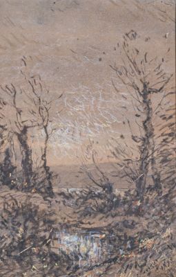 une image d'un tableau représentant un paysage avec des arbres au premier plan