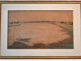 peinture représentant un paysage avec un bateau sur un plan d'eau