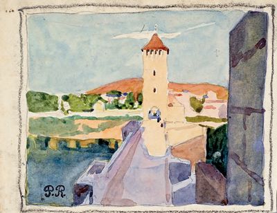 aquarelle représentant un château avec vue sur une rivière