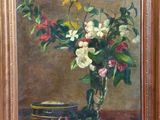 painting of a vase of flowers on a table with a plate