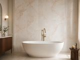 a white bath tub sitting in a bathroom next to a window