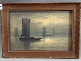 painting of a boat in a body of water with a moon in the background