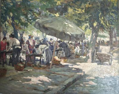 un tableau représentant un groupe de personnes debout sous un parapluie