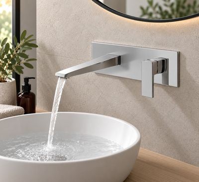 a sink with a faucet and a mirror in the background