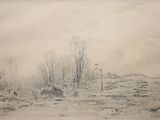 dessin représentant un paysage avec des arbres au premier plan et une colline à l'arrière-plan
