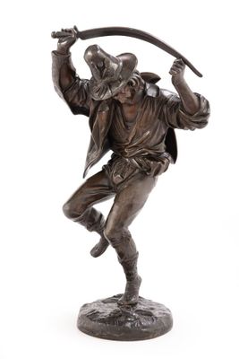 statue en bronze représentant un homme armé d'une épée sur fond blanc