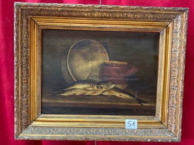 une peinture à l'huile représentant un poisson et un bol posés sur une table