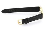 a close up of a black leather belt with a gold buckle