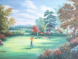 un tableau représentant un homme jouant au golf dans un champ