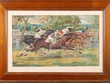 une peinture représentant une course de chevaux avec des jockeys et des chevaux