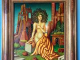 painting of a woman in a yellow dress sitting on a bench