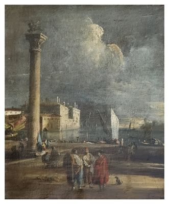 an image of a painting of people standing in front of a lighthouse