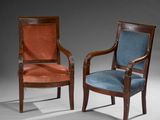 pair of armchairs with upholstered back and arms