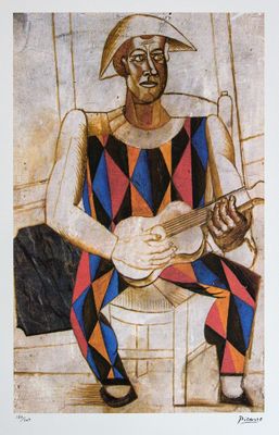 painting of a man sitting on a chair playing a guitar