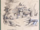 dessin représentant un véhicule militaire roulant à travers une forêt, avec un chien couché par terre