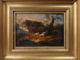 painting of a landscape with sheep and a river in the foreground