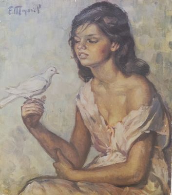 painting of a woman holding a white bird in her hand