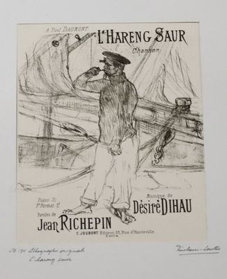dessin représentant un homme debout sur un bateau, coiffé d'un chapeau