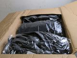 a cardboard box with a black plastic bag inside of it