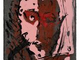 une image représentant un tableau où l'on voit le visage d'un homme peint en rouge et noir