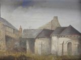 a painting of a building with a clock tower in front of it