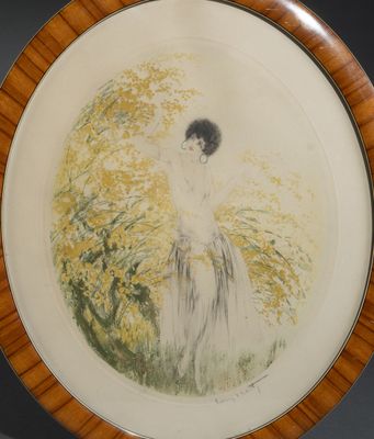 tableau représentant une femme en robe blanche, dans un cadre en bois