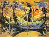 a painting of two people in a boat on the water